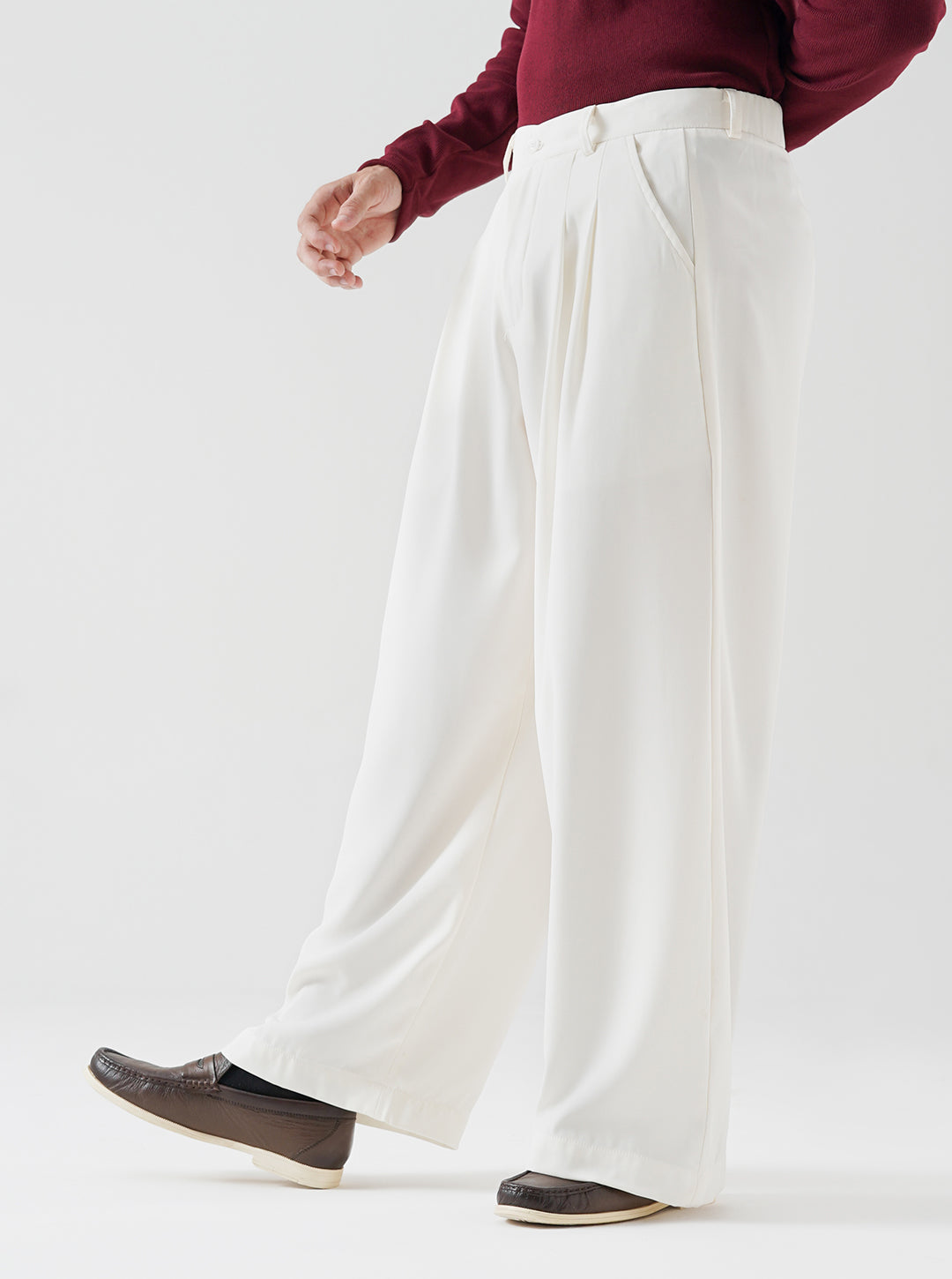 Cream Double Pleated Wide Leg Pants