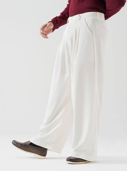 Cream Double Pleated Wide Leg Pants