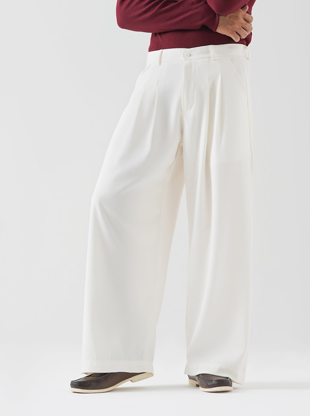 Cream Double Pleated Wide Leg Pants
