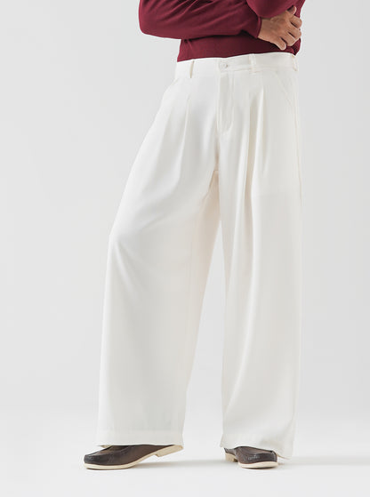 Cream Double Pleated Wide Leg Pants