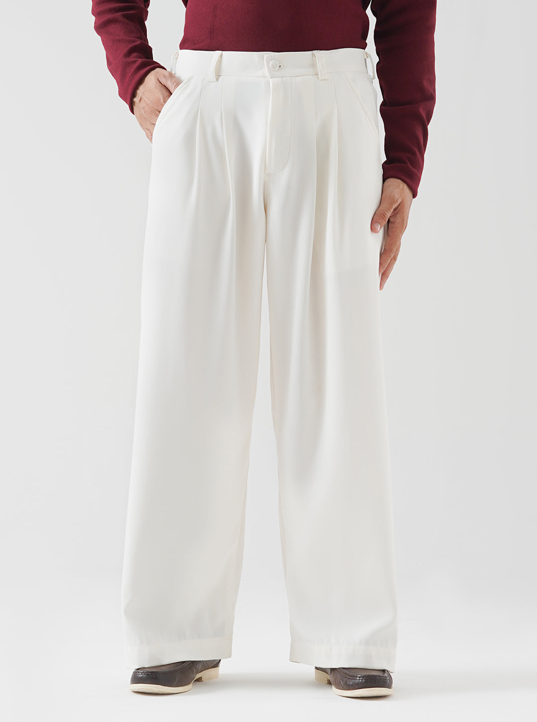 Cream Double Pleated Wide Leg Pants