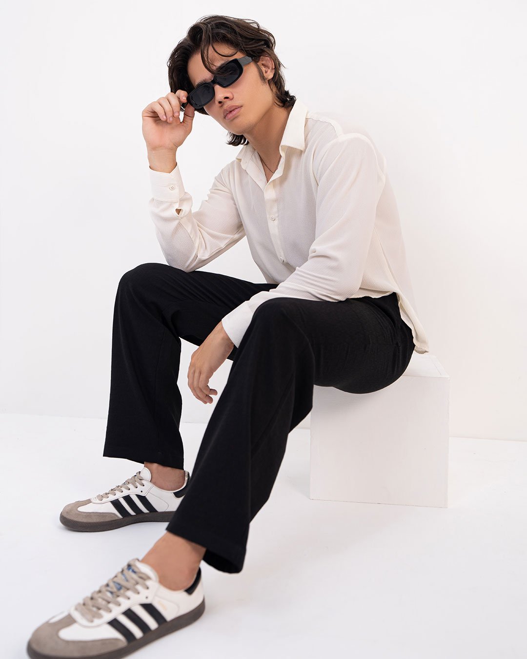 Cream Textured Full Sleeves Shirt