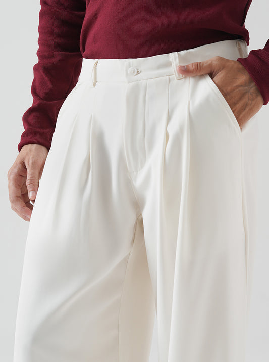 Cream Double Pleated Wide Leg Pants
