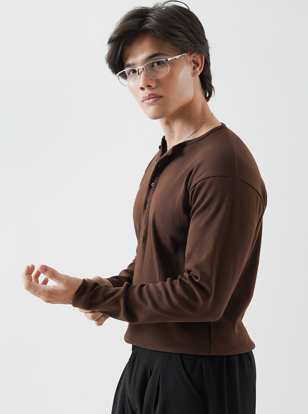 Classic Brown Ribbed Henley