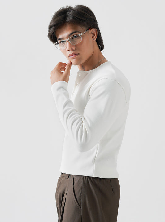 Classic White Ribbed Henley