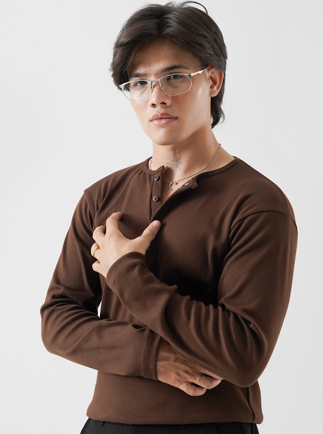 Classic Brown Ribbed Henley