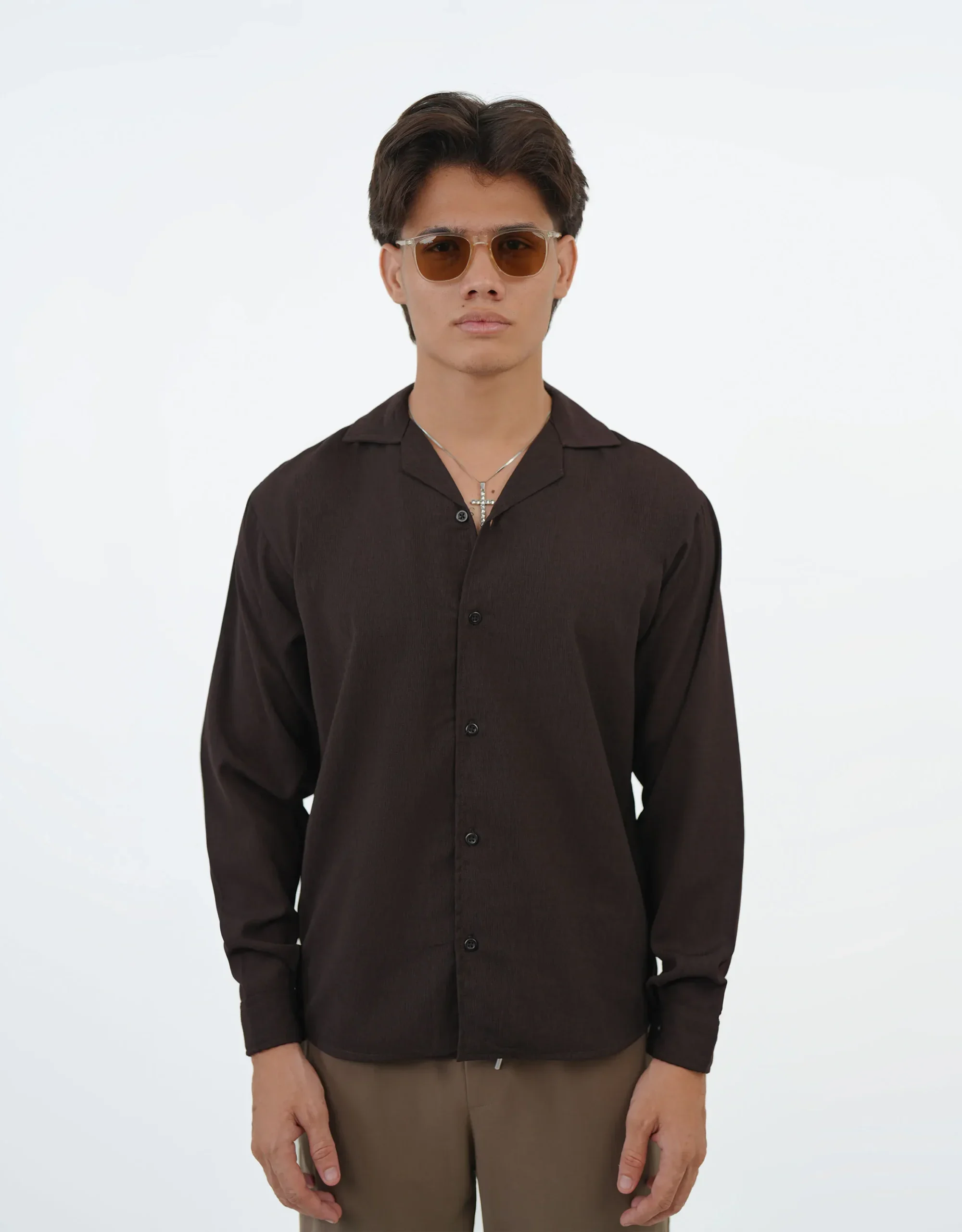 charcoal-brown-cuban-collar-textured-shirt-front